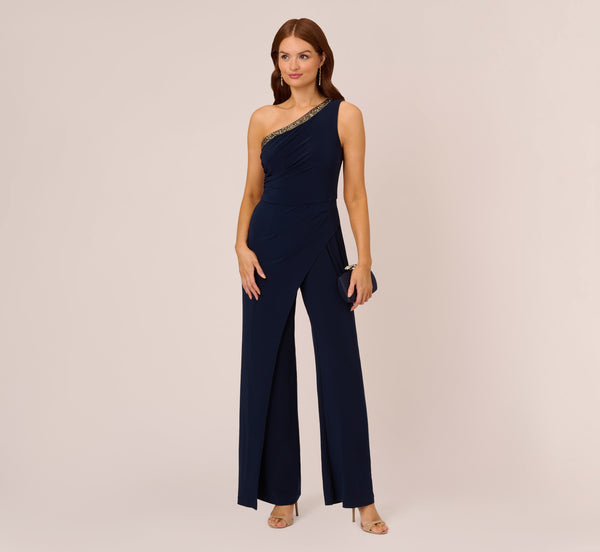 adrianna papell Beaded One-Shoulder Matte Jersey Jumpsuit In Midnight