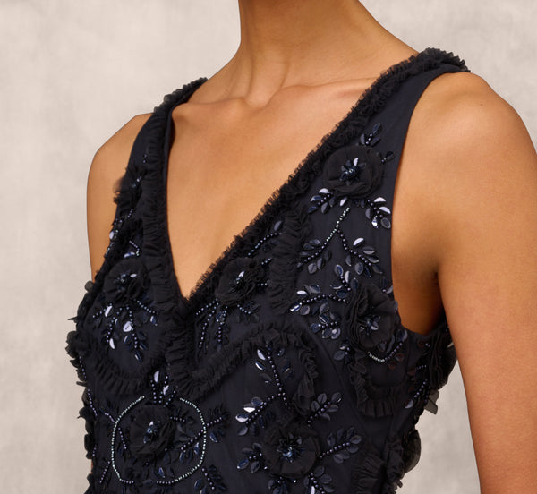 Adrianna Papell Beaded Ruffle Sleeveless Gown With V-Neck And Back In Twilight