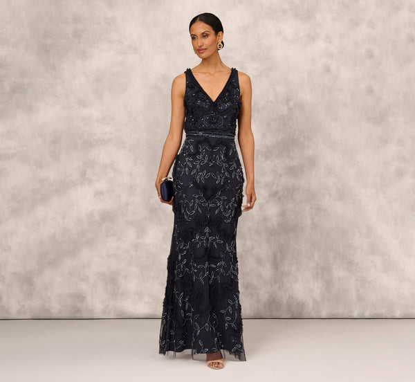 adrianna papell Beaded Ruffle Sleeveless Gown With V-Neck And Back In Twilight