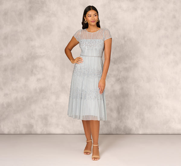 Adrianna Papell Beaded Short Sleeve Midi Dress With Sheer Details In Snow Globe