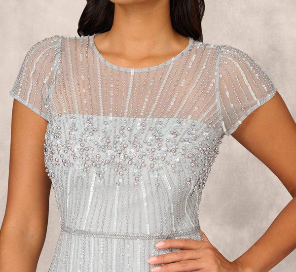 Adrianna Papell Beaded Short Sleeve Midi Dress With Sheer Details In Snow Globe