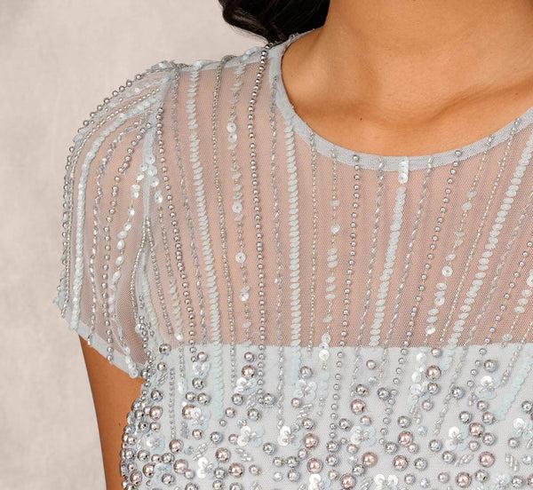 Adrianna Papell Beaded Short Sleeve Midi Dress With Sheer Details In Snow Globe