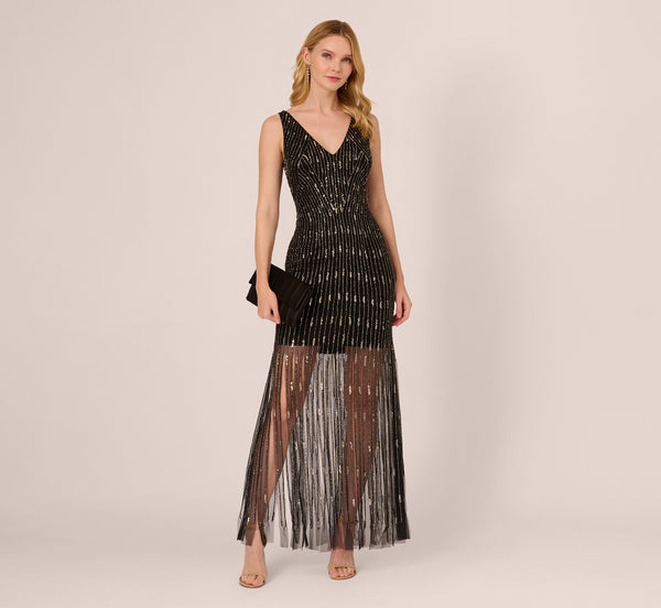 adrianna papell Beaded Sleeveless Dress With Carwash Hem In Black Mercury