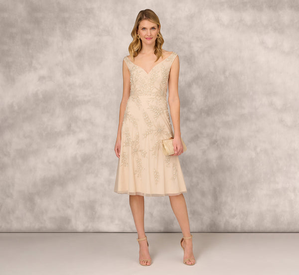 adrianna papell Beaded Sleeveless Midi Dress With Sweetheart Neckline In Champagne