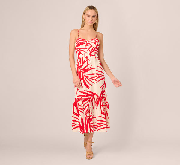 Adrianna Papell Beaded Strap Palm Leaf Flounce Sundress In Red Ivory