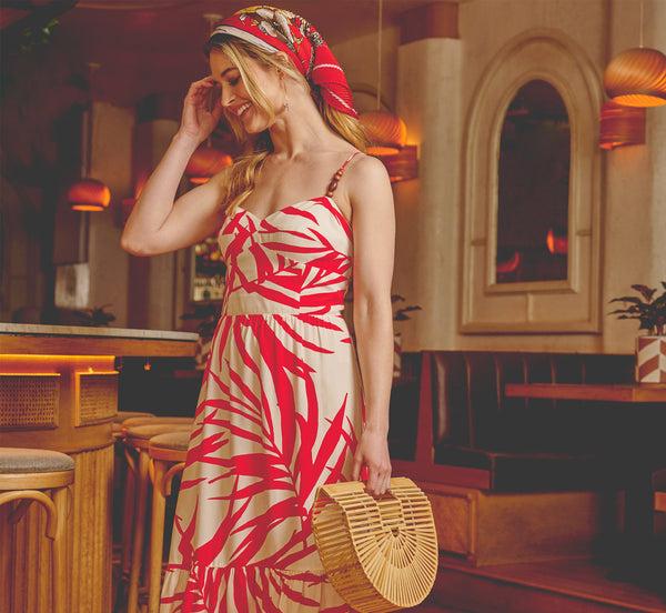 adrianna papell Beaded Strap Palm Leaf Flounce Sundress In Red Ivory