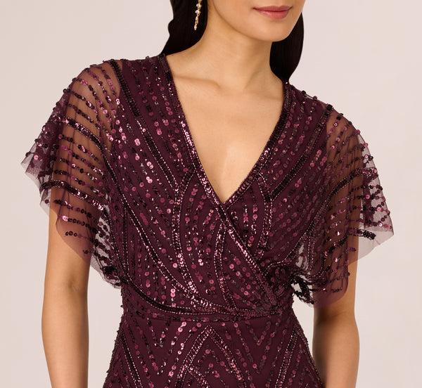 Adrianna Papell Beaded Surplice Midi Dress With Dolman Sleeves In Deep Amethyst
