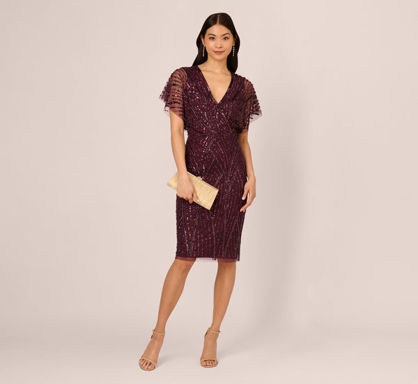 adrianna papell Beaded Surplice Midi Dress With Dolman Sleeves In Deep Amethyst