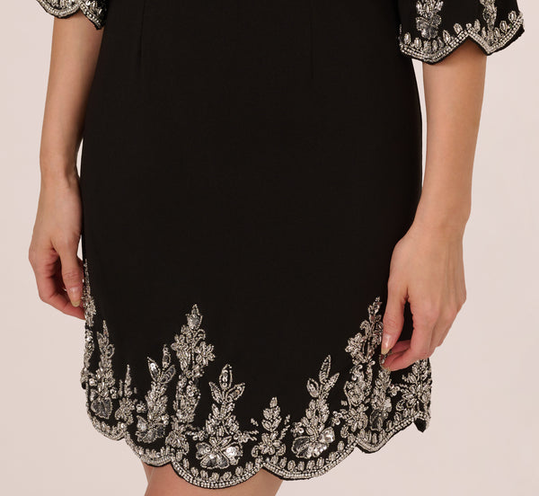 Adrianna Papell Beaded Three Quarter Sleeve Crepe Dress With Scallop Edges In Black