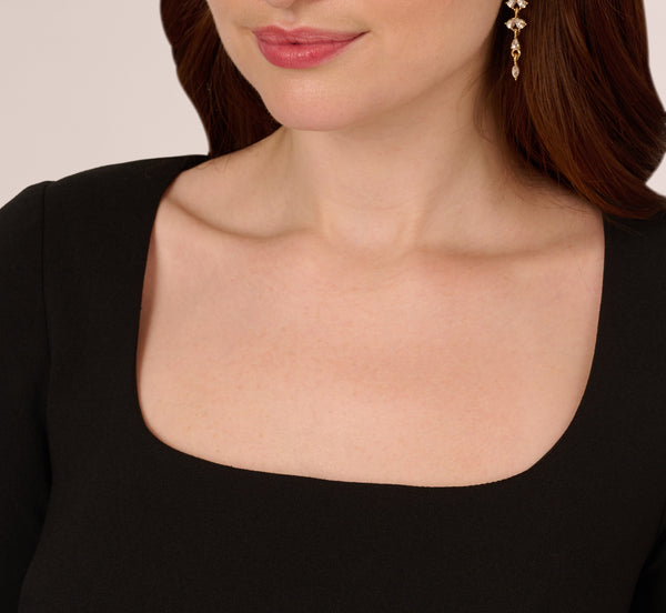 Adrianna Papell Beaded Three Quarter Sleeve Crepe Dress With Scallop Edges In Black