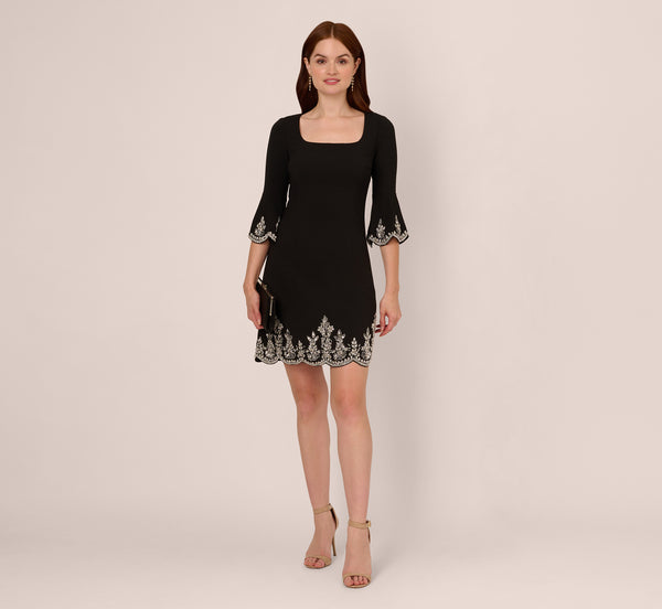 adrianna papell Beaded Three Quarter Sleeve Crepe Dress With Scallop Edges In Black