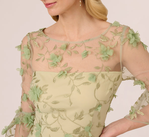 Adrianna Papell Bell Sleeve Floral Embroidered Illusion Sheath Dress In Sage Multi