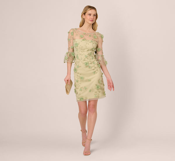 adrianna papell Bell Sleeve Floral Embroidered Illusion Sheath Dress In Sage Multi