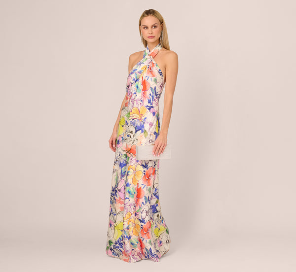 Adrianna Papell Bias Cut Floral Satin Halter Gown In Ivory Multi