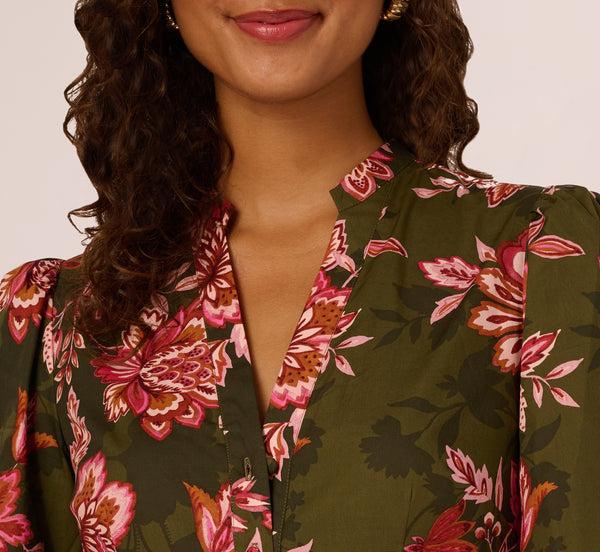 Adrianna Papell Bishop Sleeve Button Front Floral Romper In Olive Multi