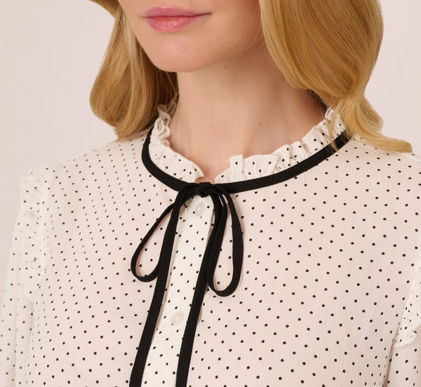 Adrianna Papell Bishop Sleeve Polka Dot Tie Neck Blouse In Ivory Miniature Dot