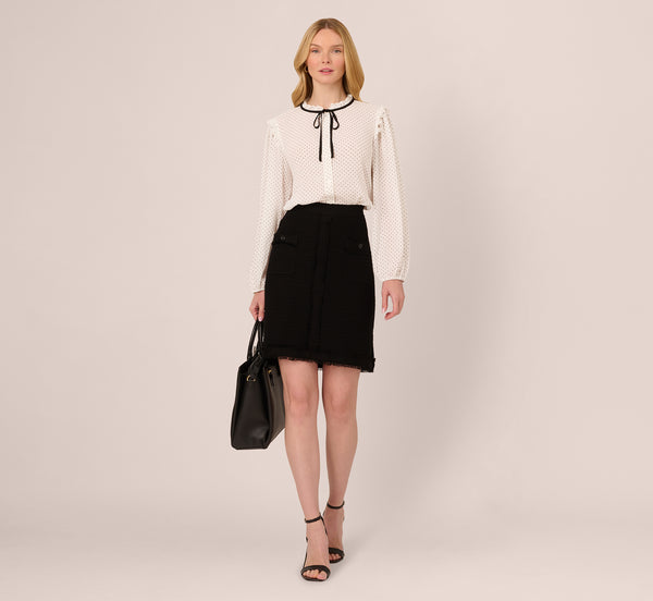 adrianna papell Bishop Sleeve Polka Dot Tie Neck Blouse In Ivory Miniature Dot