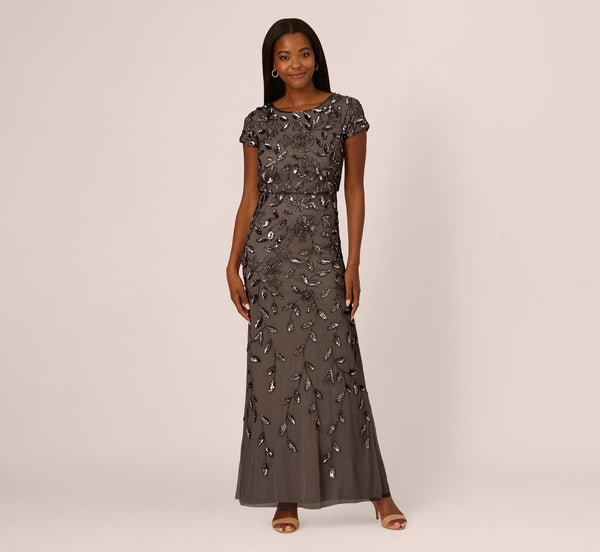 Adrianna Papell Blouson Short Sleeve Beaded Long Dress In Lead