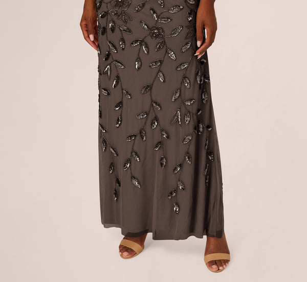 Adrianna Papell Blouson Short Sleeve Beaded Long Dress In Lead