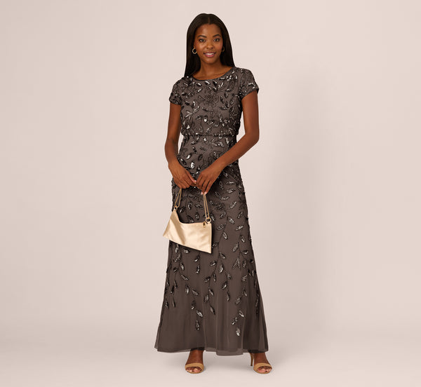 Adrianna Papell Blouson Short Sleeve Beaded Long Dress In Lead