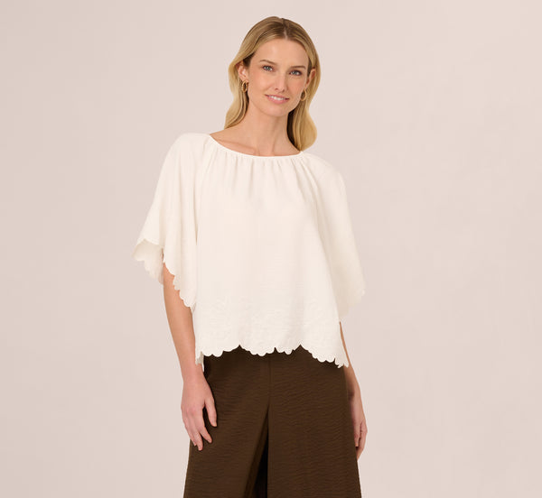 Adrianna Papell Boat Neck Short Sleeve Scallop Edge Top In Ivory
