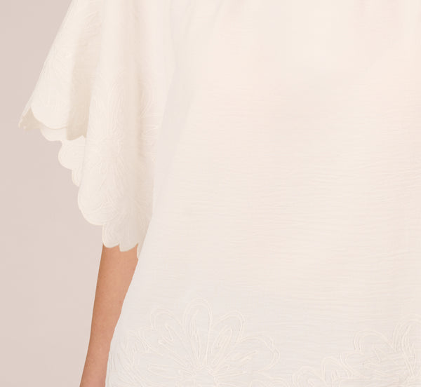 Adrianna Papell Boat Neck Short Sleeve Scallop Edge Top In Ivory