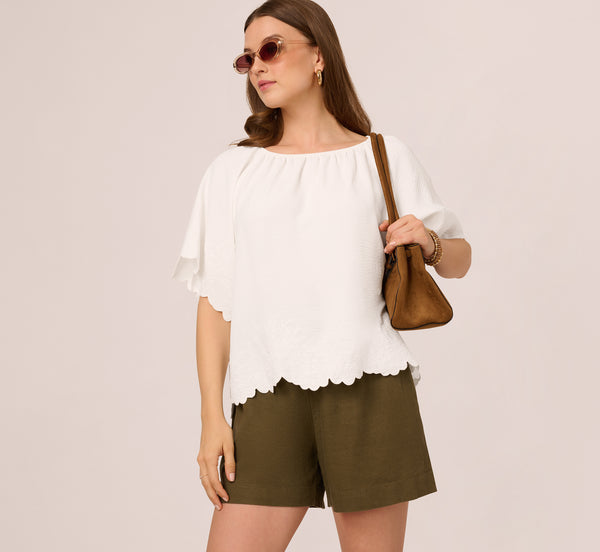 adrianna papell Boat Neck Short Sleeve Scallop Edge Top In Ivory adrianna papell Boat Neck Short Sleeve Scallop Edge Top In Ivory