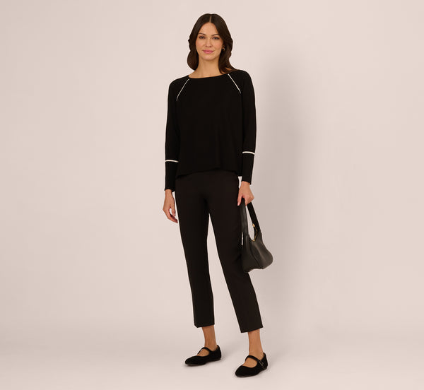 Adrianna Papell Boat Neck Slouchy Dolman Sleeve Raglan Sweater In Black Ivory