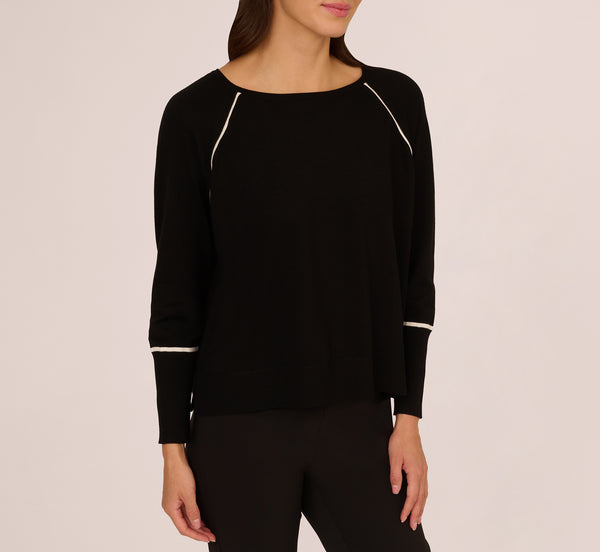 Adrianna Papell Boat Neck Slouchy Dolman Sleeve Raglan Sweater In Black Ivory
