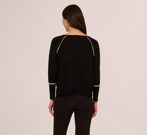 Adrianna Papell Boat Neck Slouchy Dolman Sleeve Raglan Sweater In Black Ivory