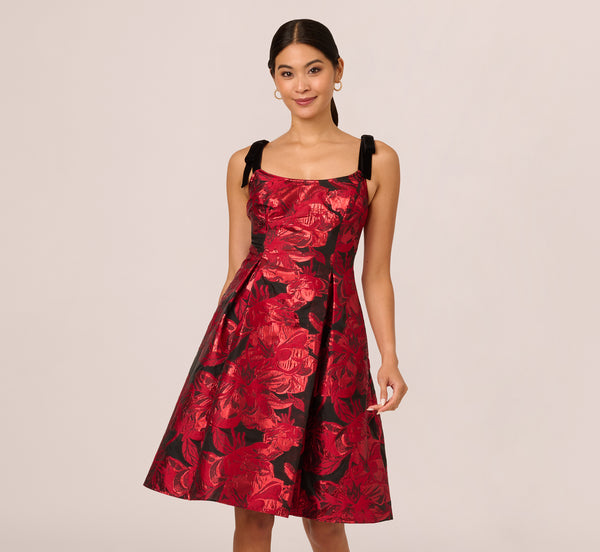 Adrianna Papell Bow Jacquard Short Dress In Black Red