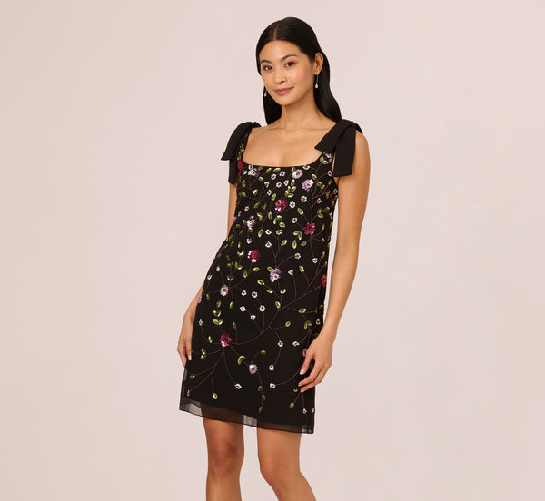 Adrianna Papell Bow Shoulder Floral Beaded Sheath Dress In Black Multi