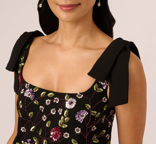 Adrianna Papell Bow Shoulder Floral Beaded Sheath Dress In Black Multi