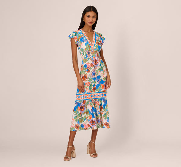 Adrianna Papell Bright Floral Print Midi Dress With Flutter Sleeves In Blue-Green Multi