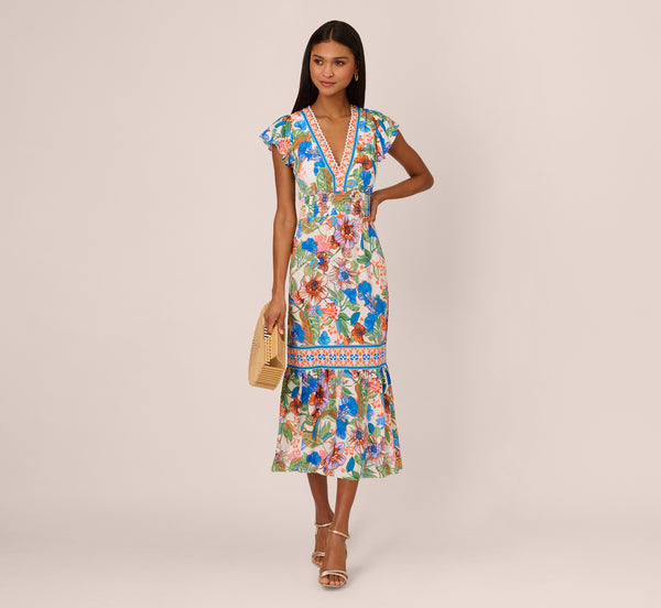 adrianna papell Bright Floral Print Midi Dress With Flutter Sleeves In Blue-Green Multi