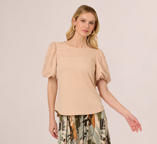Adrianna Papell Bubble Sleeve Embroidered Top In Champagne Blush