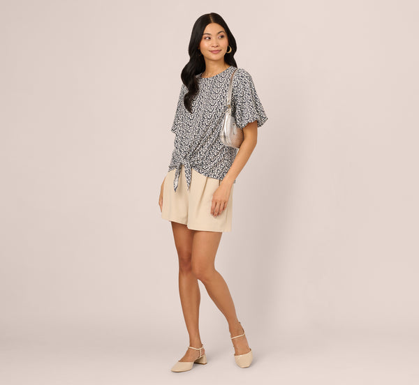 Adrianna Papell Bubble Sleeve Printed Tie Waist Top In Navy Stencil