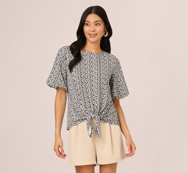 Adrianna Papell Bubble Sleeve Printed Tie Waist Top In Navy Stencil