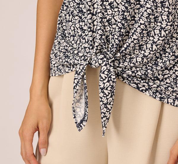 Adrianna Papell Bubble Sleeve Printed Tie Waist Top In Navy Stencil