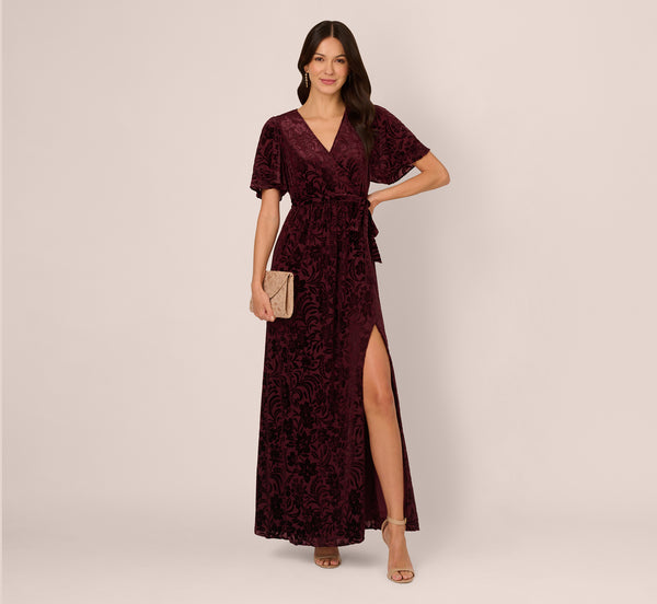 Adrianna Papell Burnout Velvet Maxi Dress In Burgundy