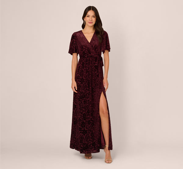 Adrianna Papell Burnout Velvet Maxi Dress In Burgundy