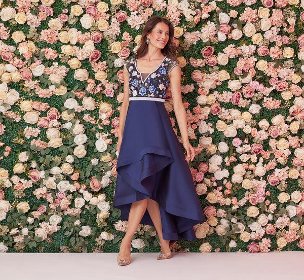 adrianna papell Cap Sleeve Beaded Gown With Taffeta High Low Skirt In Light Navy