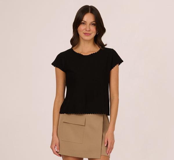 Adrianna Papell Cap Sleeve Crochet Scallop Sweater Top In Black