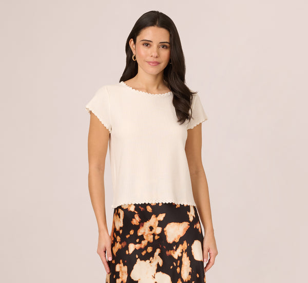 Adrianna Papell Cap Sleeve Crochet Scallop Sweater Top In Ivory