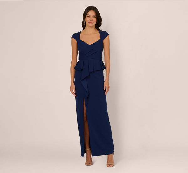 Adrianna Papell Cap Sleeve Draped Peplum Gown In Navy Sateen