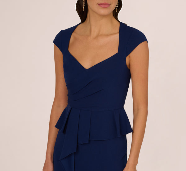 Adrianna Papell Cap Sleeve Draped Peplum Gown In Navy Sateen