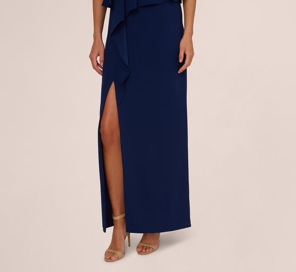 Adrianna Papell Cap Sleeve Draped Peplum Gown In Navy Sateen