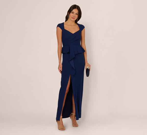adrianna papell Cap Sleeve Draped Peplum Gown In Navy Sateen