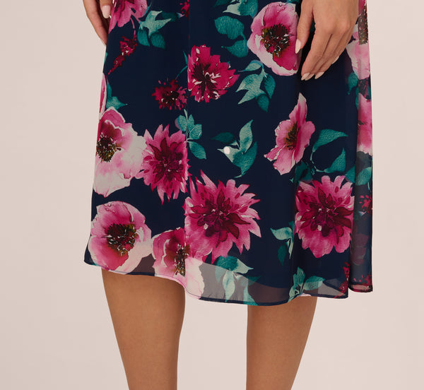 Adrianna Papell Cap Sleeve Floral Chiffon A Line Midi Dress In Navy Pink Multi