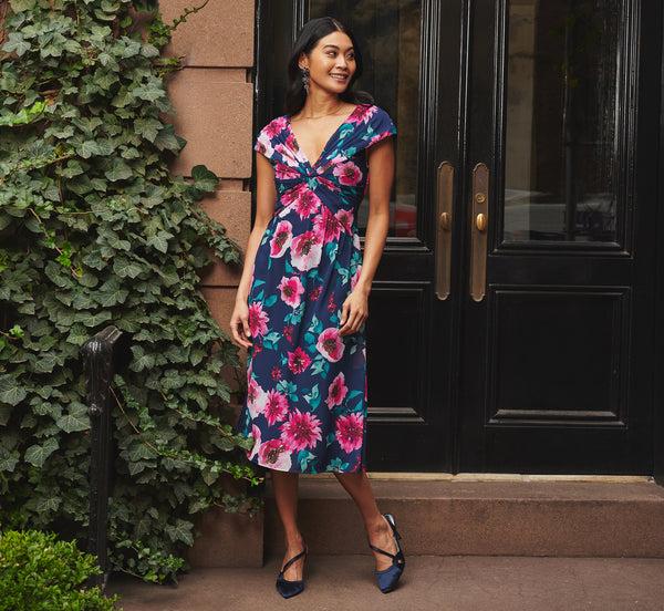 adrianna papell Cap Sleeve Floral Chiffon A Line Midi Dress In Navy Pink Multi